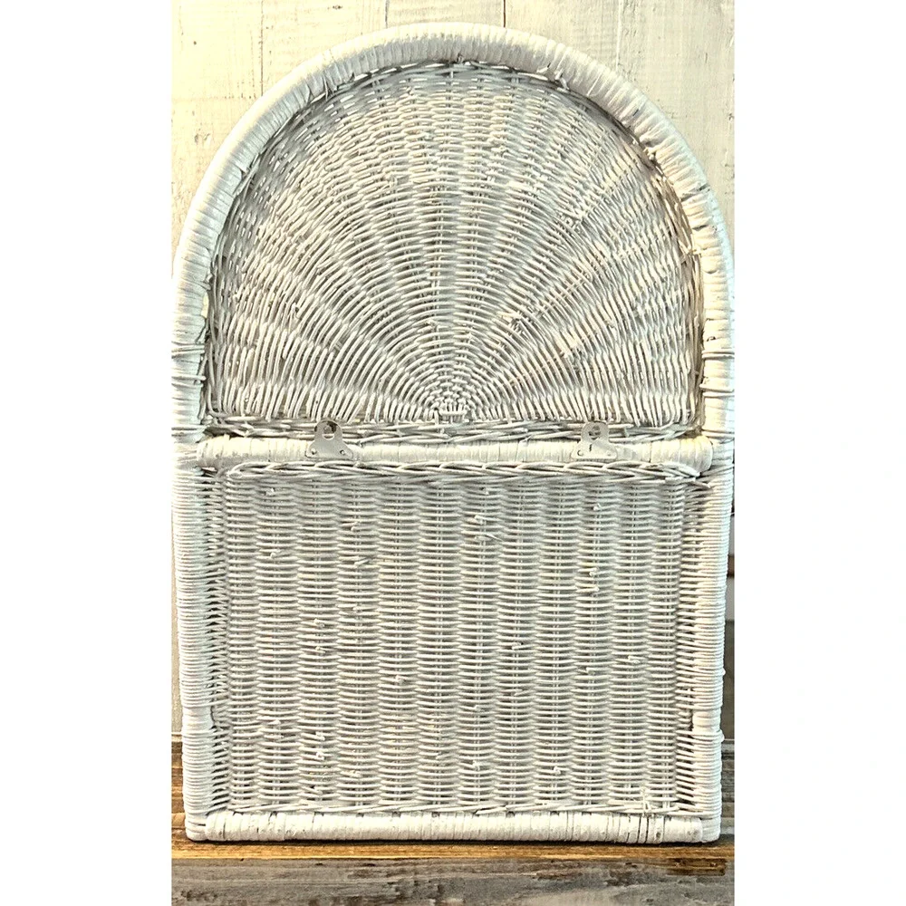 Vintage White Wicker Wall Shelf 2 Tier Hanging Standing Boho Cottage Farmhouse